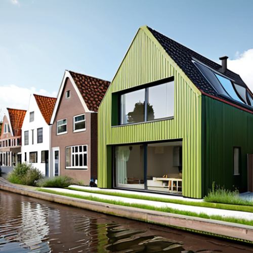 Home 11 **
* **Prompt:** "Modern sustainable house in Amsterdam canal district, showcasing innovative design and green materials, photorealistic."
**