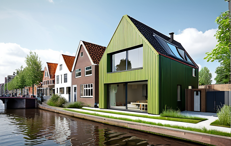 **
* **Prompt:** "Modern sustainable house in Amsterdam canal district, showcasing innovative design and green materials, photorealistic."
**