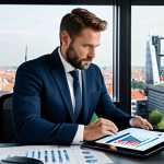 A professional Dutch real estate appraiser, male, fully clothed in a modest dark business suit, sitting comfortably at a large, modern desk in a high-rise office with a clear panoramic view of a contemporary European city skyline. He is holding a sleek tablet displaying intricate data visualizations. His expression is contemplative and insightful, reflecting strategic thought and deep analysis. The office is clean and minimalist, emphasizing clarity and focus. Professional photography style, high resolution, soft natural lighting, appropriate attire, safe for work, appropriate content, perfect anatomy, correct proportions, natural pose, well-formed hands, proper finger count, natural body proportions, professional dress.