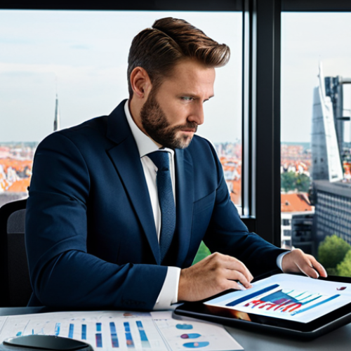 Home 6 A professional Dutch real estate appraiser, male, fully clothed in a modest dark business suit, sitting comfortably at a large, modern desk in a high-rise office with a clear panoramic view of a contemporary European city skyline. He is holding a sleek tablet displaying intricate data visualizations. His expression is contemplative and insightful, reflecting strategic thought and deep analysis. The office is clean and minimalist, emphasizing clarity and focus. Professional photography style, high resolution, soft natural lighting, appropriate attire, safe for work, appropriate content, perfect anatomy, correct proportions, natural pose, well-formed hands, proper finger count, natural body proportions, professional dress.