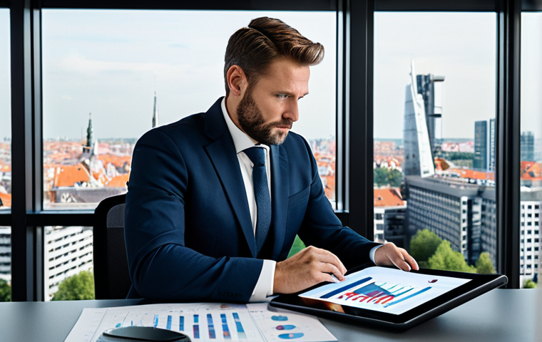 A professional Dutch real estate appraiser, male, fully clothed in a modest dark business suit, sitting comfortably at a large, modern desk in a high-rise office with a clear panoramic view of a contemporary European city skyline. He is holding a sleek tablet displaying intricate data visualizations. His expression is contemplative and insightful, reflecting strategic thought and deep analysis. The office is clean and minimalist, emphasizing clarity and focus. Professional photography style, high resolution, soft natural lighting, appropriate attire, safe for work, appropriate content, perfect anatomy, correct proportions, natural pose, well-formed hands, proper finger count, natural body proportions, professional dress.